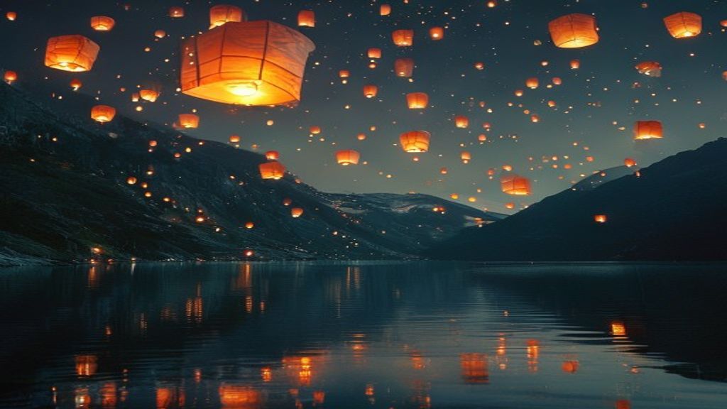 Lanterns rising over a mountain lake