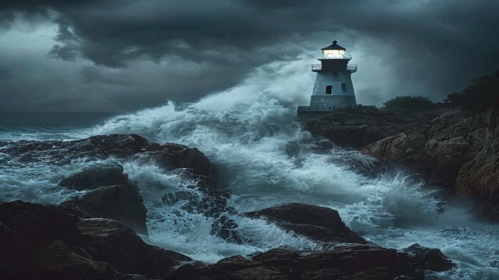 Storm waves around a lighthouse
