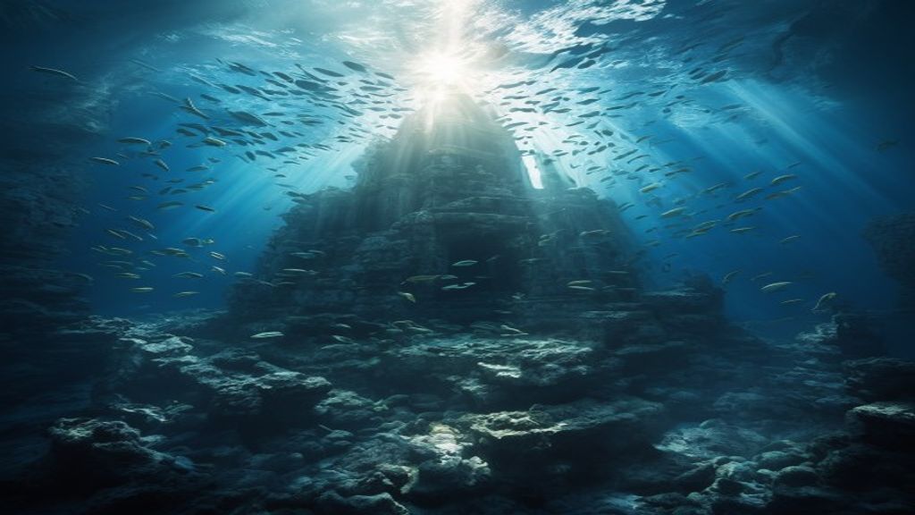 Sunken temple with light rays