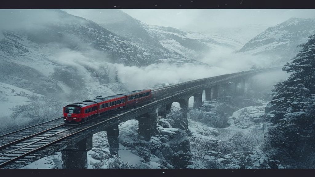 Train crossing a snowy viaduct