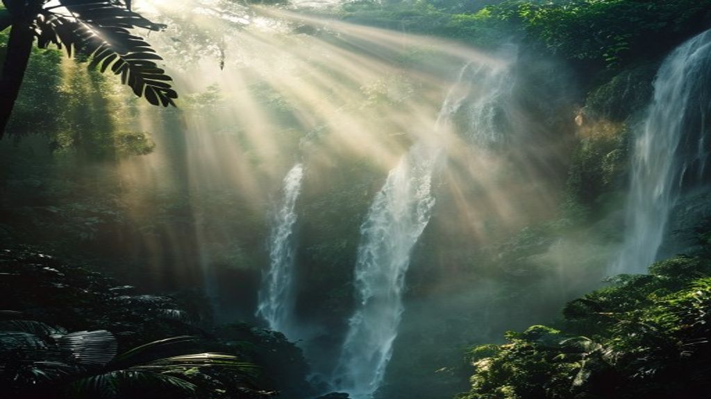 Jungle waterfall at sunrise